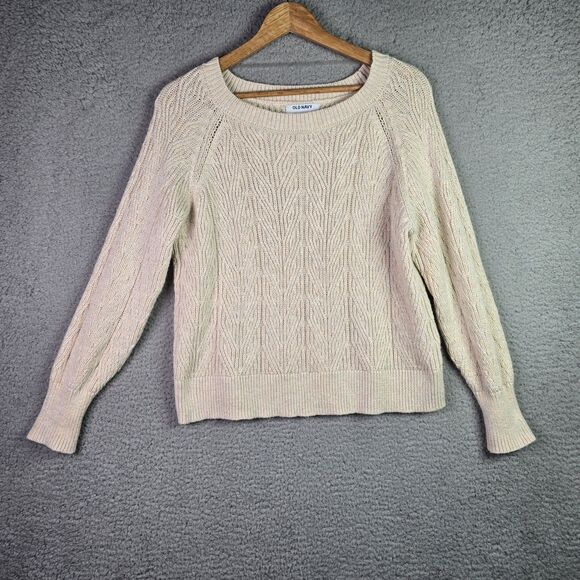Old Navy Cable Knit Sweater Cream Medium Chunky Raglan Fall Classic Neutral - Picture 11 of 11